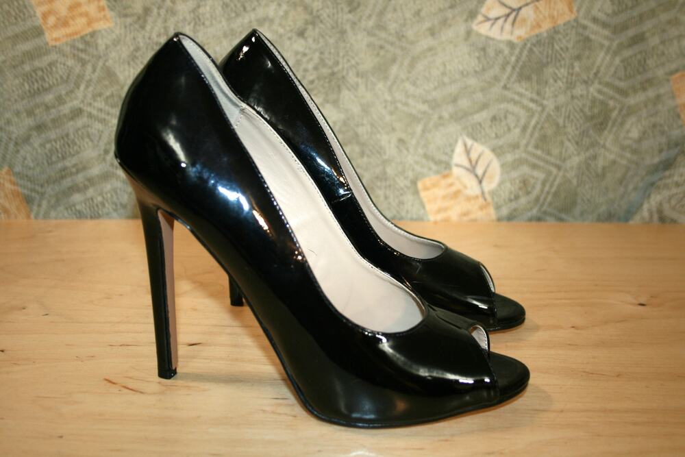 Pleaser Sexy 43 Black Patent Open Toe Pumps Heels 12